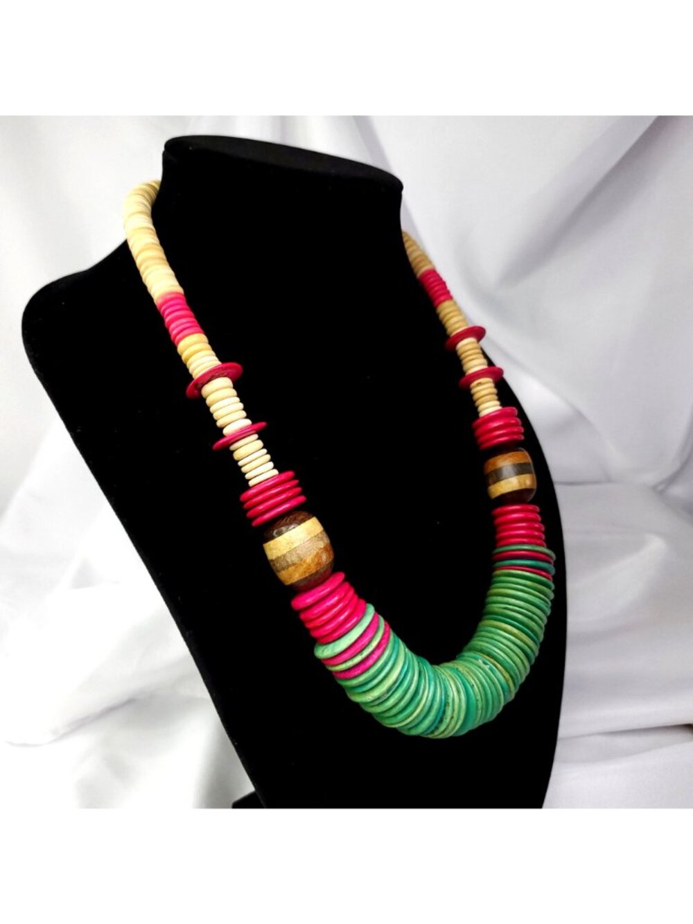 VTG Chunky Wooden Necklace Multicolor Disk Beads Boho Hippie jewelry Green Pink - Picture 4 of 10